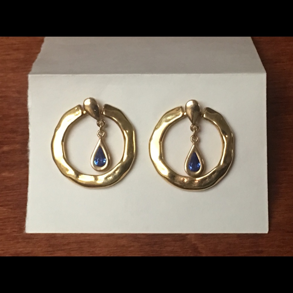 Gold tone and sapphire blue Medallion earrings